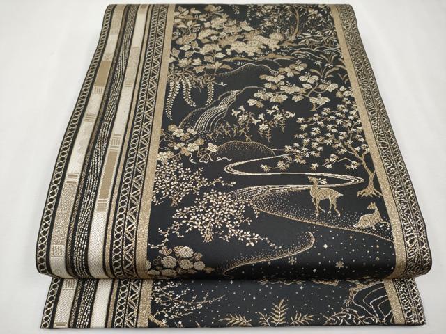 平和屋本店■極上　本場筑前博多織　両面　全通柄袋帯　動物枝花文　黒地　金糸　逸品　未使用　CYAA1802s5