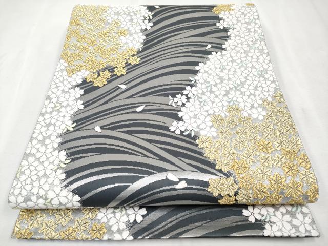 L765厳選西陣 手織 繊細な織、香る風情 流水草花文極上逸品灰青