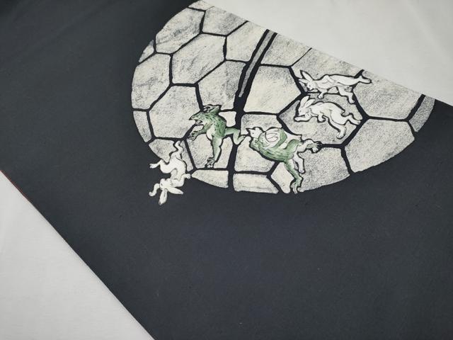 平和屋本店□極上 両面 太鼓柄袋帯 紬地 鳥獣戯画 黒地 逸品 CYAA1817s5