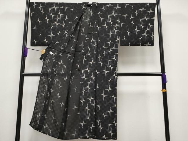 平和屋本店■極上　男性　夏物　小紋　市松紋紗　雪輪シルエット　黒地　逸品　CYAA1848s5 平和屋本店□極上 男性 夏物 小紋 市松紋紗 雪輪シルエット 黒地 逸品