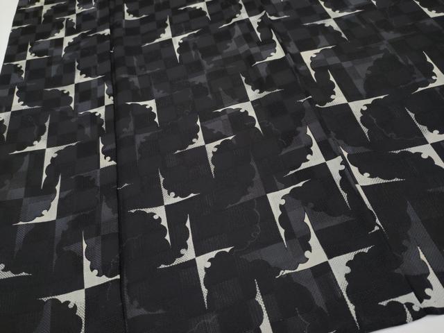 平和屋本店□極上 男性 夏物 小紋 市松紋紗 雪輪シルエット 黒地 逸品