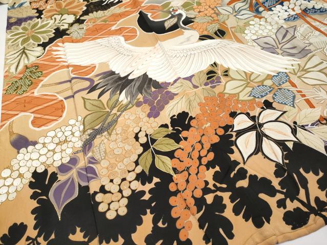 [美品] アンティーク　成人式　本振袖　長襦袢　手染め　手描き　黒　鶴　大正浪漫 美品] アンティーク 成人式 本振袖 長襦袢 手染め 手描き 黒 鶴