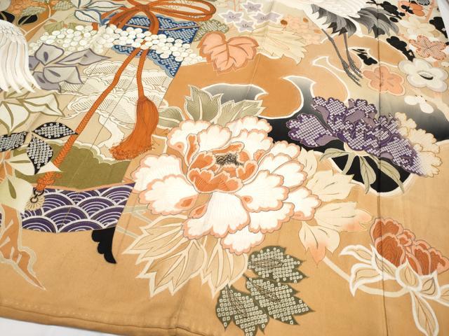 [美品] アンティーク　成人式　本振袖　長襦袢　手染め　手描き　黒　鶴　大正浪漫 美品] アンティーク 成人式 本振袖 長襦袢 手染め 手描き 黒 鶴