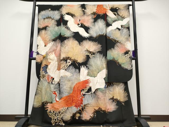 平和屋本店■極上　アンティーク　大正ロマン　中国三大刺繍　相良刺繍　振袖　飛鶴松葉文　黒地　金彩　逸品　CYAA2000s5
