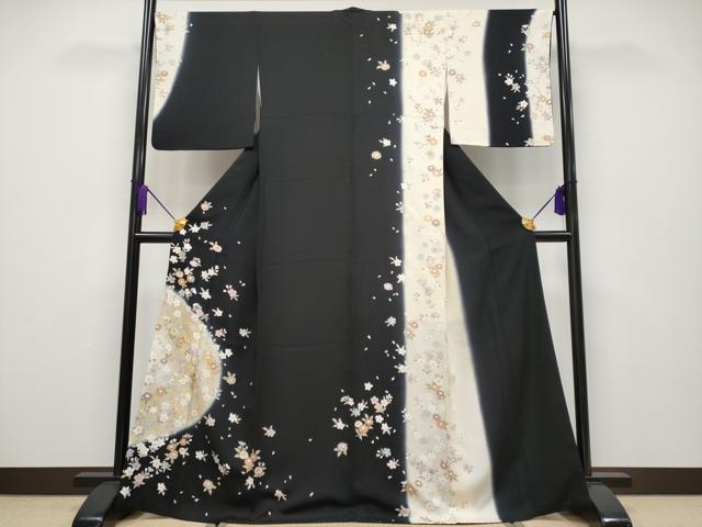 平和屋本店■極上　訪問着　駒刺繍　舞花文　暈し染め　黒地　金銀彩　逸品　CYAA2002s5