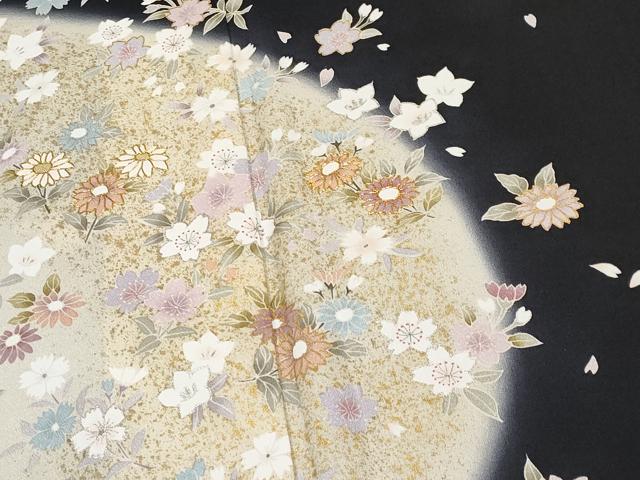 平和屋本店□極上 訪問着 駒刺繍 舞花文 暈し染め 黒地 金銀