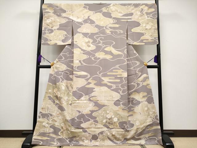 平和屋本店□極上 訪問着 駒刺繍 流水枝花文 金彩 鳩羽