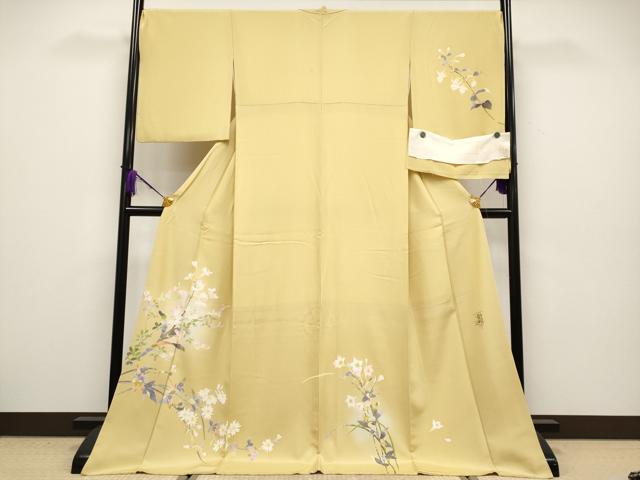 平和屋本店●極上　京加賀友禅　百貫石峰　訪問着　草花文　暈し染め　反端付き　卵色地　逸品　CYAA4225s6