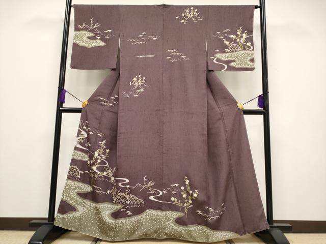 平和屋本店■極上　訪問着　紬地　絞り　流水籬草花文　金彩　やまと誂製　濃色地　逸品　未使用　CYAA2028s5