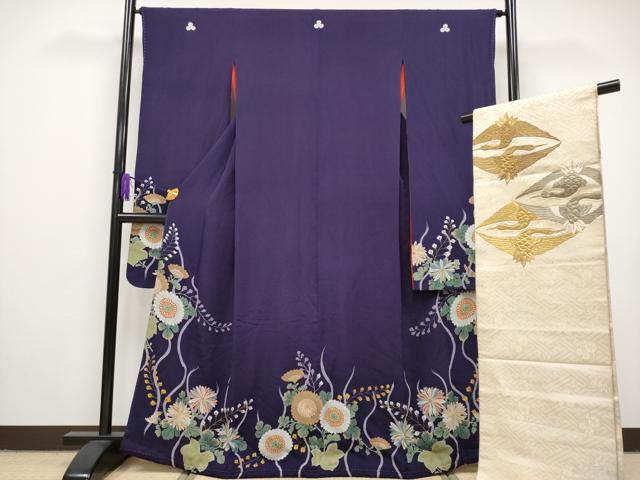平和屋本店■極上　アンティーク　大正ロマン　中国三大刺繍　相良刺繍　振袖・丸帯セット　立涌枝菊文　金糸　深紫色地　逸品　CYAA2300s5