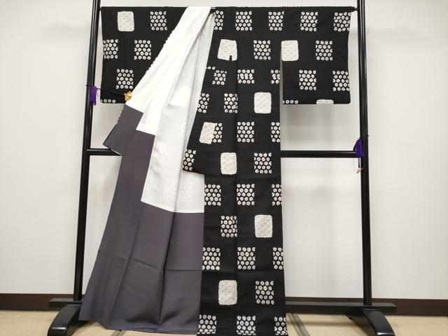 平和屋本店□極上 紬 絞り 色紙七宝文 黒地 逸品 CYAA2348s5 紬