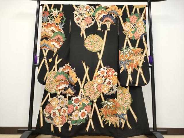 平和屋本店■希少　浦野理一　金彩友禅　振袖　松竹梅花丸文　黒地　金彩　鬼しぼ縮緬　逸品　CYAA2374s5