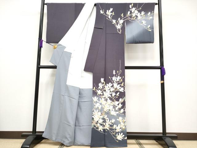 平和屋本店□極上 名門染元 秀美 十日町友禅 訪問着 夜桜 紫黒色
