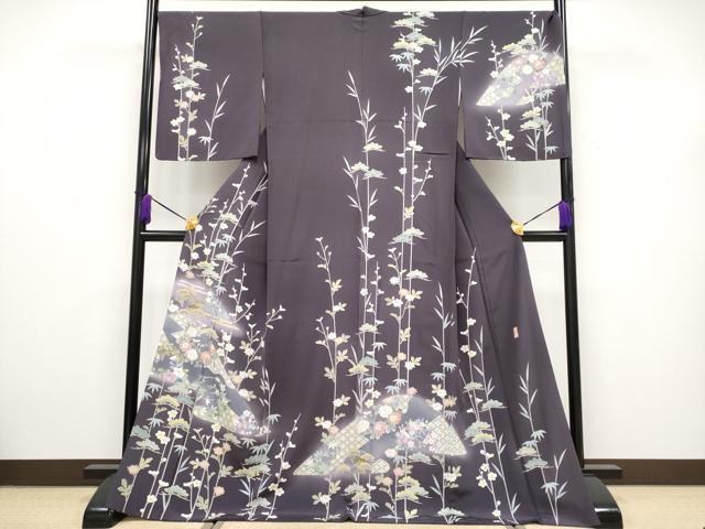 平和屋本店■極上　訪問着　友禅　作家物　エ霞枝花文　暈し染め　滅紫色地　逸品　CYAA2419s5