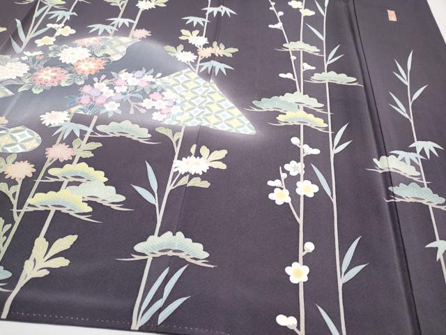平和屋本店■極上　訪問着　友禅　作家物　エ霞枝花文　暈し染め　滅紫色地　逸品　CYAA2419s5 平和屋本店□極上 訪問着 友禅 作家物 エ霞枝花文 暈