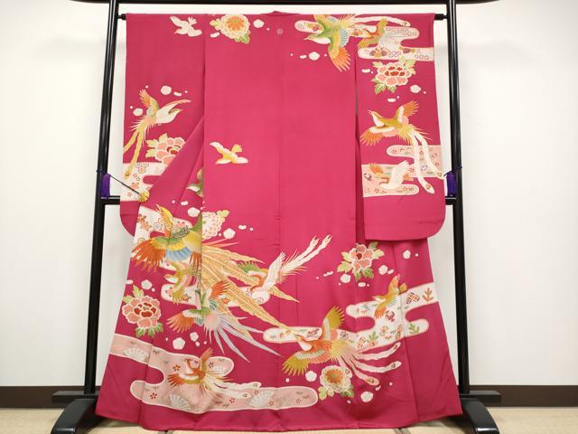 平和屋本店■極上　アンティーク　大正ロマン　振袖　刺繍　鳳凰霞舞花文　金彩　濃紅色地　逸品　CYAA2431s5