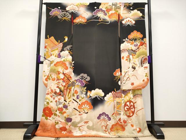 平和屋本店□極上 アンティーク 大正ロマン 振袖 駒刺繍 御所車立波花