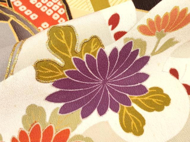 正絹・アンティーク絽地振袖・絽・幻想的な染・末広がりに御所車や秋花・刺繍大正浪漫 正絹・アンティーク絽地振袖・絽・幻想的な染・末広がりに御所車や秋花・