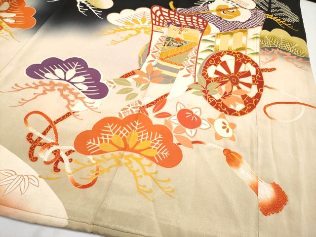 正絹・アンティーク絽地振袖・絽・幻想的な染・末広がりに御所車や秋花・刺繍大正浪漫 正絹・アンティーク絽地振袖・絽・幻想的な染・末広がりに御所車や秋花・