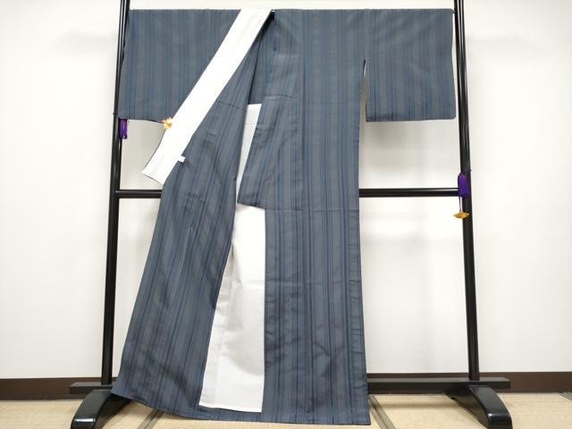 平和屋本店□極上 博多織人 黒木織物 お召 単衣 間道 博多金