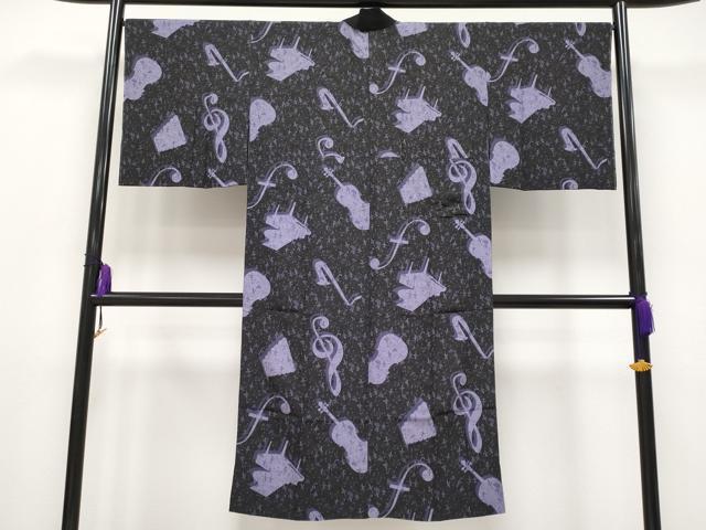 平和屋本店□上質な長襦袢 無双仕立て 楽器 音符 バレリーナ 黒地