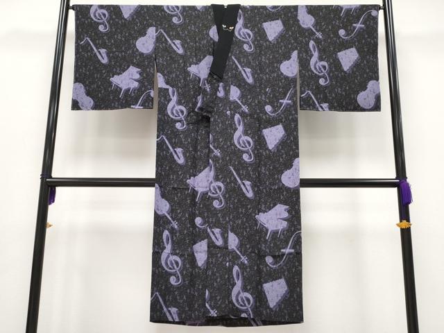 平和屋本店□上質な長襦袢 無双仕立て 楽器 音符 バレリーナ 黒地