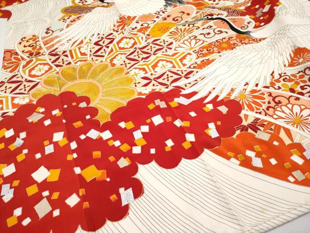 平和屋本店■極上　アンティーク　大正ロマン　振袖　駒刺繍　相良刺繍　飛鶴吉祥花文　金銀彩　逸品　CYAA2526s5 平和屋本店□極上 アンティーク 大正ロマン 振袖 駒刺繍 相良刺繍 飛鶴吉祥