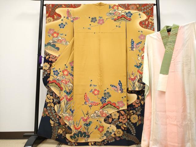 平和屋本店■極上　手ざし京紅型染・宮崎紅型　宮崎良次　振袖・長襦袢セット　花蝶文　暈し染め　半衿刺繍　黄土色地　逸品　CYAA2527s5