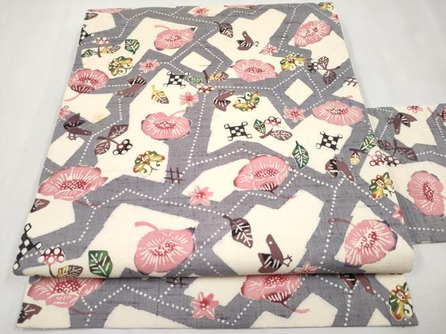 平和屋本店■極上　工芸帯　全通柄　九寸名古屋帯　紬地　型染め　花鳥蝶文　逸品　CYAA2548s5