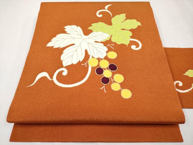 平和屋本店■極上　銀座　志ま亀　九寸名古屋帯　葡萄蔦の葉文　金彩　鬼しぼ縮緬　黄櫨染色　逸品　未使用　CYAA2549s5