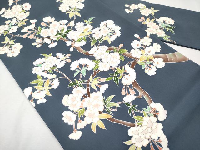 着物屋こころ■塩瀬　九寸名古屋帯　作家物　枝梅文　極上の逸品　ａ541 平和屋着物○塩瀬 九寸名古屋帯 友禅 作家物 枝花文 黒地 正絹 逸品