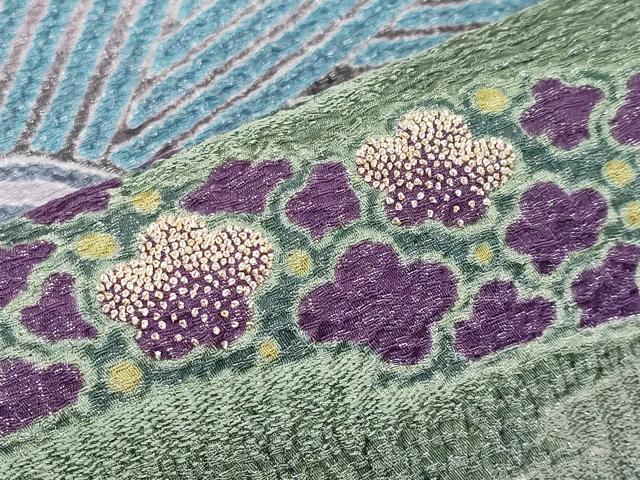 平和屋本店○極上 十日町 名門 滝泰謹製 太鼓柄袋帯 相良刺繍 おぼろ染