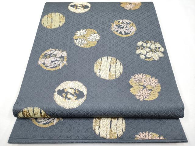 平和屋本店■極上　西陣織　陰山織物謹製　箔屋清兵衛　六通柄袋帯　唐織　草木染　花鳥丸文　金糸　墨色地　逸品　未使用　CYAA2569s5