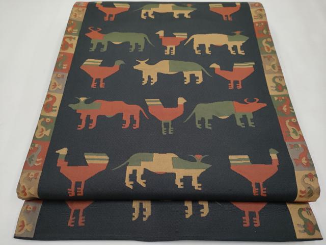 平和屋本店■極上　名門木屋太　今河織物　六通柄袋帯　動物文　黒地　逸品　CYAA2572s5