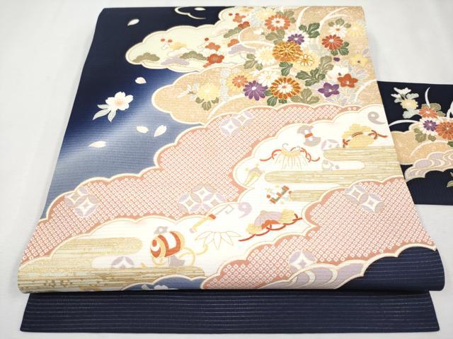 平和屋本店■極上　夏物　九寸名古屋帯　絽縮緬　駒刺繍　雲取り宝尽くし草花文　金彩　濃紺地　逸品　未使用　CYAA2580s5