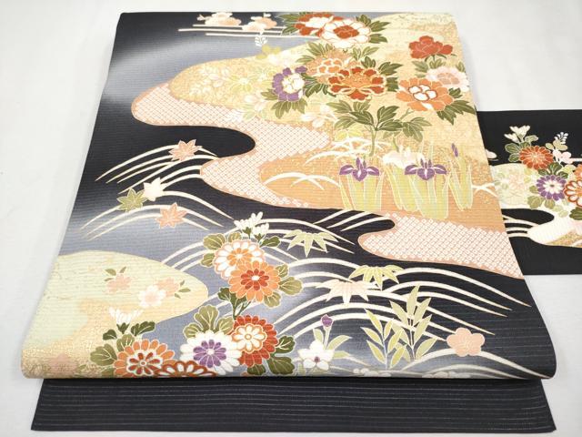 平和屋本店■極上　夏物　九寸名古屋帯　絽縮緬　駒刺繍　霞草花文　黒地　金彩　逸品　未使用　CYAA2582s5