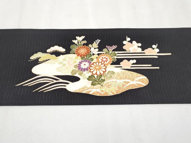 平和屋本店■極上　夏物　九寸名古屋帯　絽縮緬　駒刺繍　霞草花文　黒地　金彩　逸品　未使用　CYAA2582s5 平和屋本店□極上 夏物 九寸名古屋帯 絽縮緬 駒刺繍 霞草花文 黒地