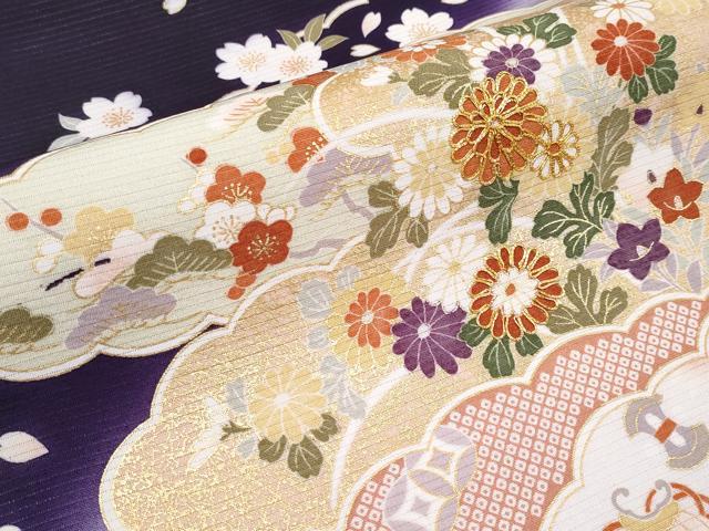 平和屋本店■極上　夏物　九寸名古屋帯　絽縮緬　駒刺繍　雲取り宝尽くし草花文　金彩　深紫色地　逸品　未使用　CYAA2583s5 平和屋本店□極上 夏物 九寸名古屋帯 絽縮緬 駒刺繍 雲取り