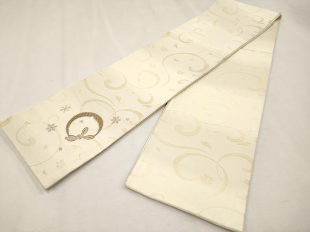 平和屋本店■極上　京都西陣・想屋謹製　両面　半幅帯　ワンポイント　刺繍　兎　花唐草文　金銀糸　逸品　CYAA2590s5