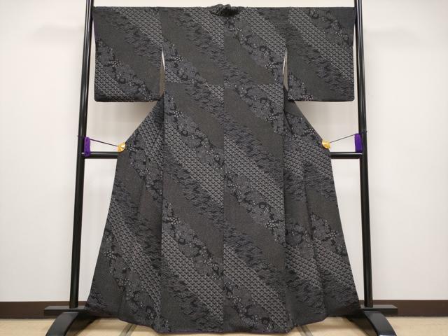 平和屋本店□極上 江戸小紋 斜線枝花文 黒地 鬼しぼ縮緬 逸品