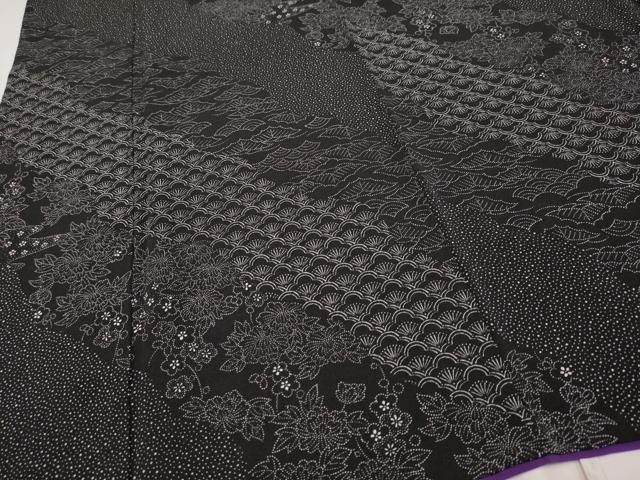 平和屋本店■極上　江戸小紋　斜線枝花文　黒地　鬼しぼ縮緬　逸品　CYAA2599s5 平和屋本店□極上 江戸小紋 斜線枝花文 黒地 鬼しぼ縮緬 逸品