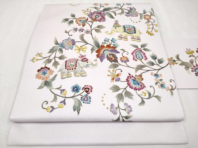 平和屋本店●極上　岡重謹製　OKAJIMA　九寸名古屋帯　象　更紗花文　金彩　鴇鼠色地　逸品　未使用　CYAA2700s5