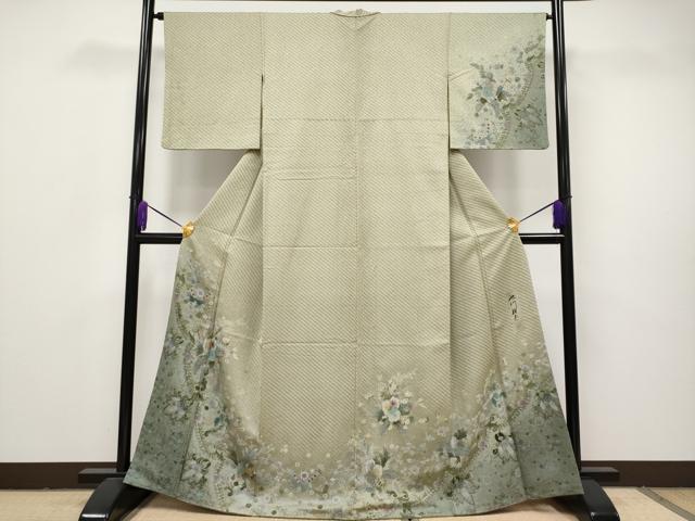 平和屋着物■極上　織の紋意匠　池川禎亮　訪問着　地紋起こし　手描き　花唐草文　暈し染め　根岸色地　逸品　CYAA2766s5