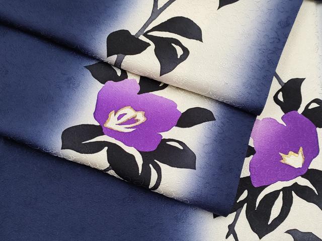 平和屋着物▽上質な小紋 単衣 紬地 型染め 花唐草文