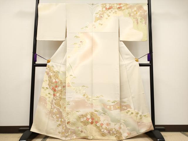 平和屋本店■極上　訪問着　駒刺繍　流水枝花文　暈し染め　金彩　練色地　逸品　CYAA2787s5