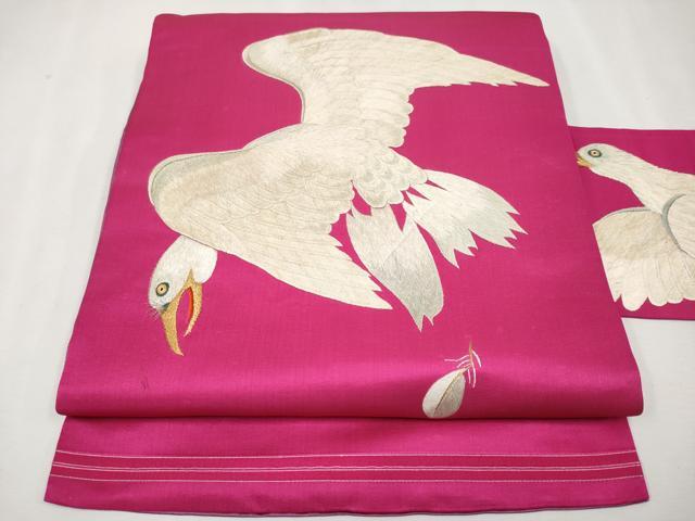 平和屋着物■極上　アンティーク　大正ロマン　九寸名古屋帯　総手刺繍　鷹　金糸　中紅色地　逸品　CYAA2825s5