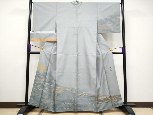 平和屋本店■極上　七代目　冨家伊兵衛　とみや織物　訪問着　お召地　クロード・モネ　睡蓮　反端付き　銀鼠色地　逸品　CYAA2832s5