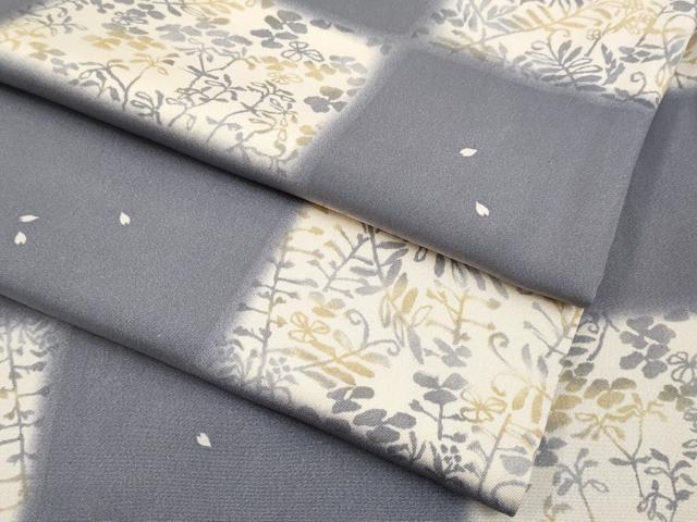 平和屋着物■極上　小紋　市松草花文　薄鼠色地　逸品　CYAA2834s5