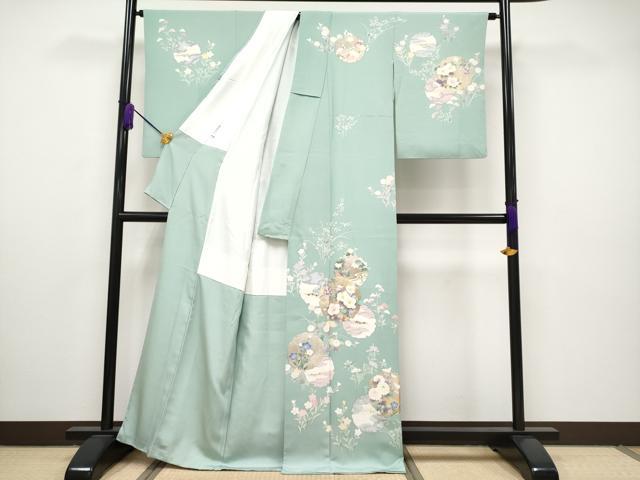 平和屋着物□極上 訪問着 刺繍 雪輪重ね草花文 薄青色地 金彩