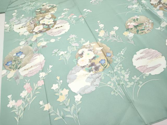 平和屋着物□極上 訪問着 刺繍 雪輪重ね草花文 薄青色地 金彩
